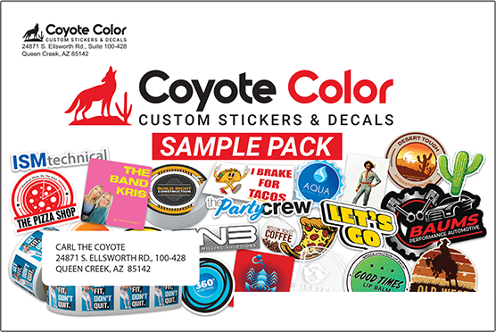 Coyote Color custom sticker sample pack with assorted materials and finishes