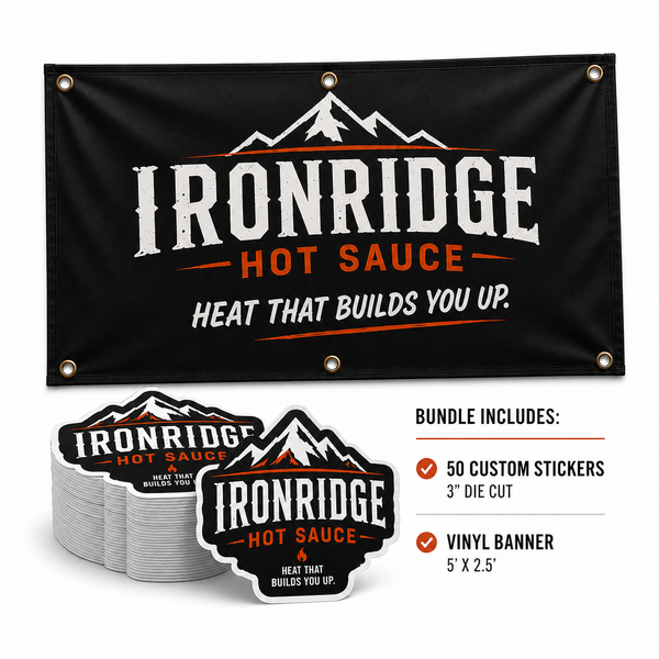 Ironridge vendor bundle with vinyl banner and 50 custom stickers
