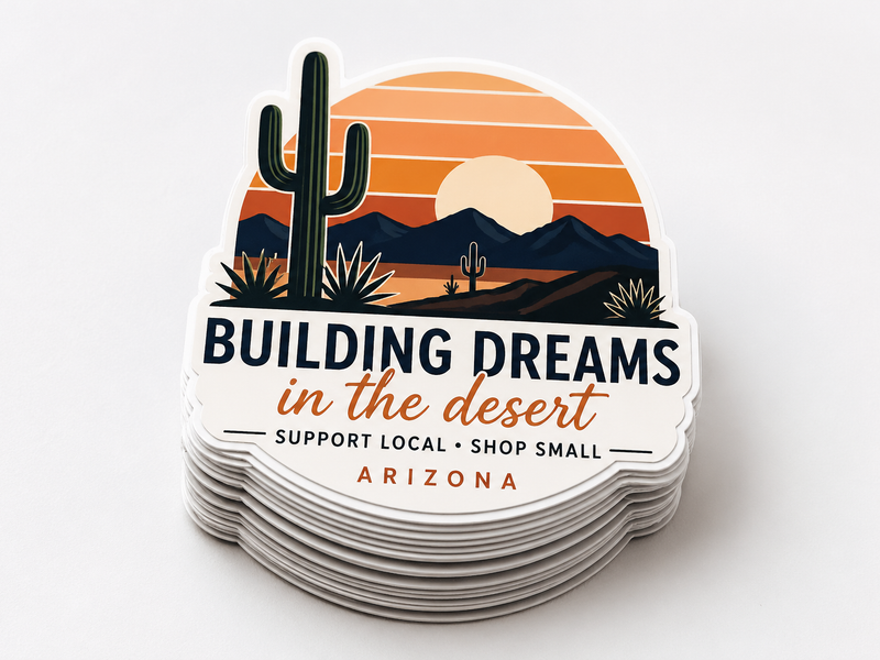 Stack of Building Dreams in the Desert custom vinyl stickers