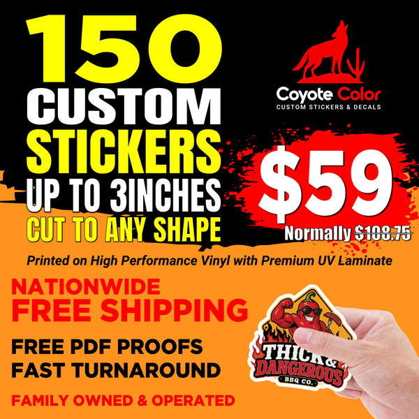 150 custom 3-inch vinyl stickers for $59 with free proof and nationwide shipping