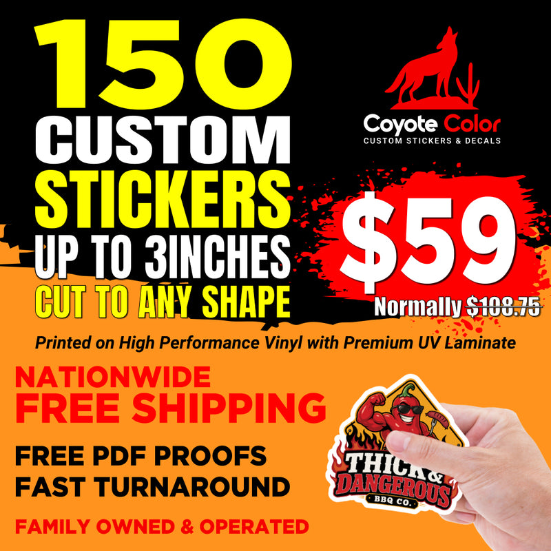 150 custom 3-inch vinyl stickers for $59 with free proof and nationwide shipping