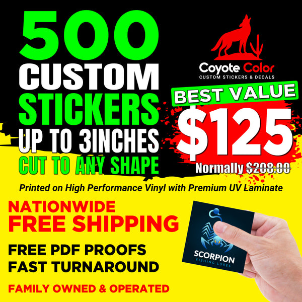 500 custom 3-inch vinyl stickers for $125 with free proof and shipping