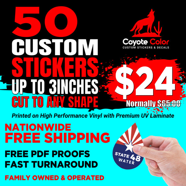 50 custom 3-inch vinyl stickers for $24 with free proof and shipping