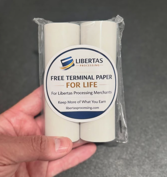 Custom Libertas Processing label on a wrapped thermal paper roll