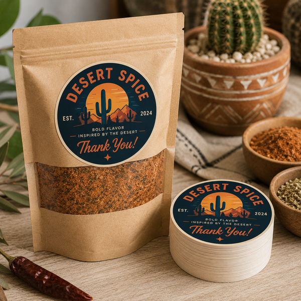 Round economy product labels on Desert Spice food packaging