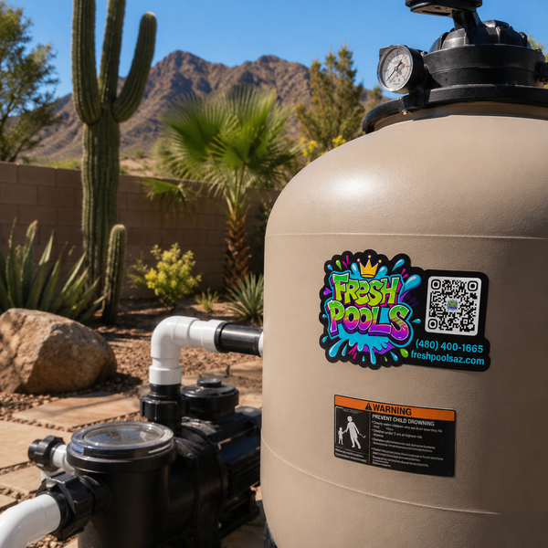 Fresh Pools custom QR code sticker applied to pool equipment