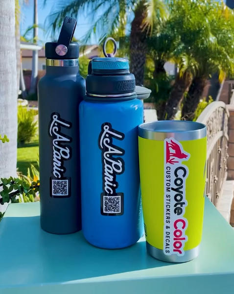 Custom logo and QR code stickers on reusable drink bottles