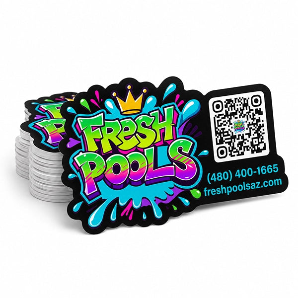 Stack of waterproof Fresh Pools custom die-cut vinyl stickers