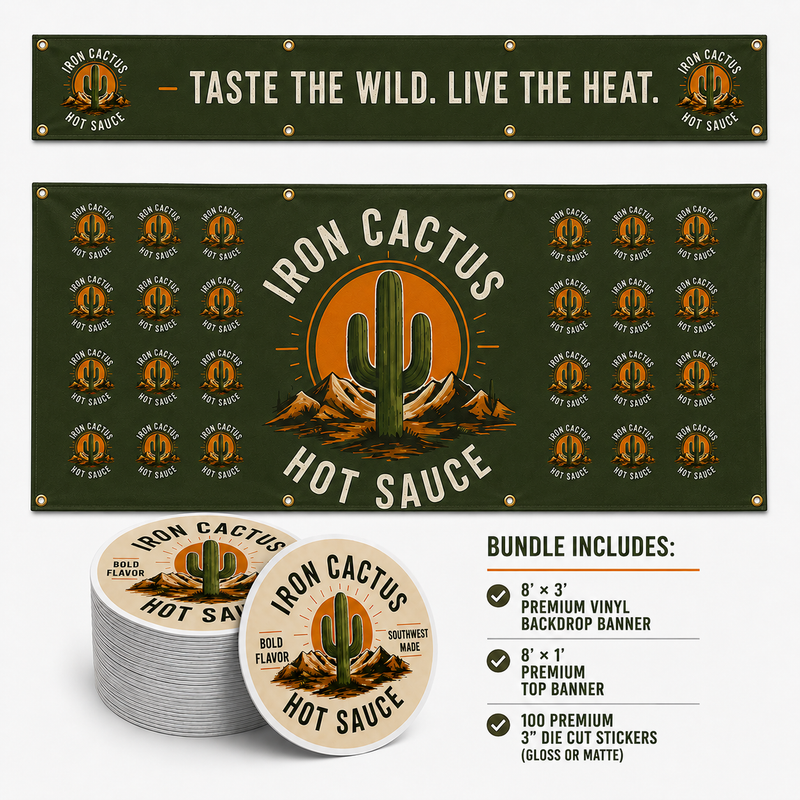 Premium Iron Cactus banner and sticker bundle with two vinyl banners
