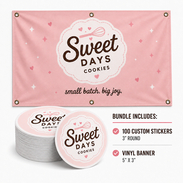 Sweet Days vendor bundle with vinyl banner and 100 custom stickers