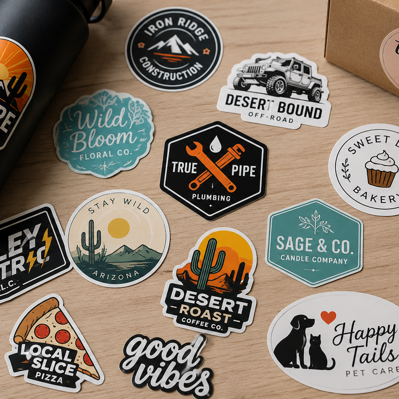 Assorted custom stickers for local service, food, and retail businesses