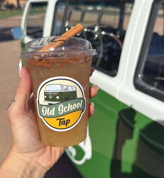 Old School Tap custom label on a clear beverage cup