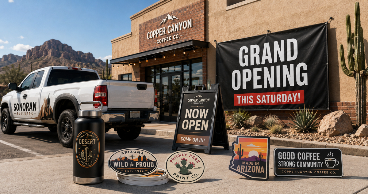 Custom business signs, banners, and stickers outside an Arizona coffee shop