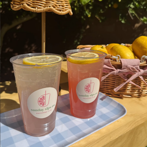 Sunday Sips custom labels on two colorful drink cups