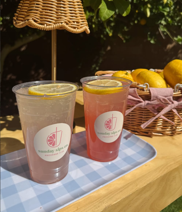 Sunday Sips custom labels on two colorful drink cups